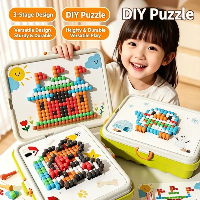 Kids Early Learning Peg Puzzles Toy - 3-Section Adjustable Table Leg DIY Pegboard Building Blocks Set