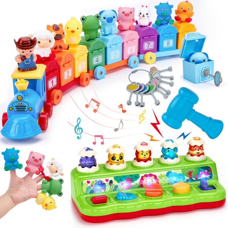 Montessori BPA-Free Farm Train Multi-Activity Playset with Animal Finger Puppets and Magnetic Blocks