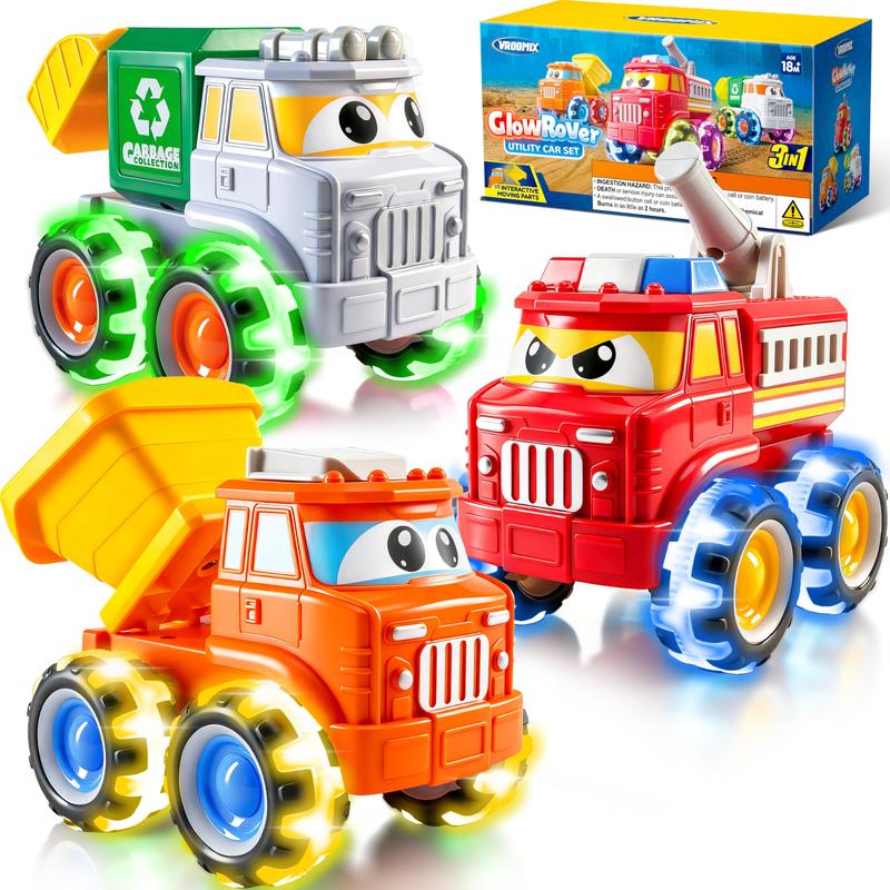 3 Pack Monster Truck Toys with Flashing LED Light Up Wheels, Construction Vehicle Set for Kids Ages 3-7