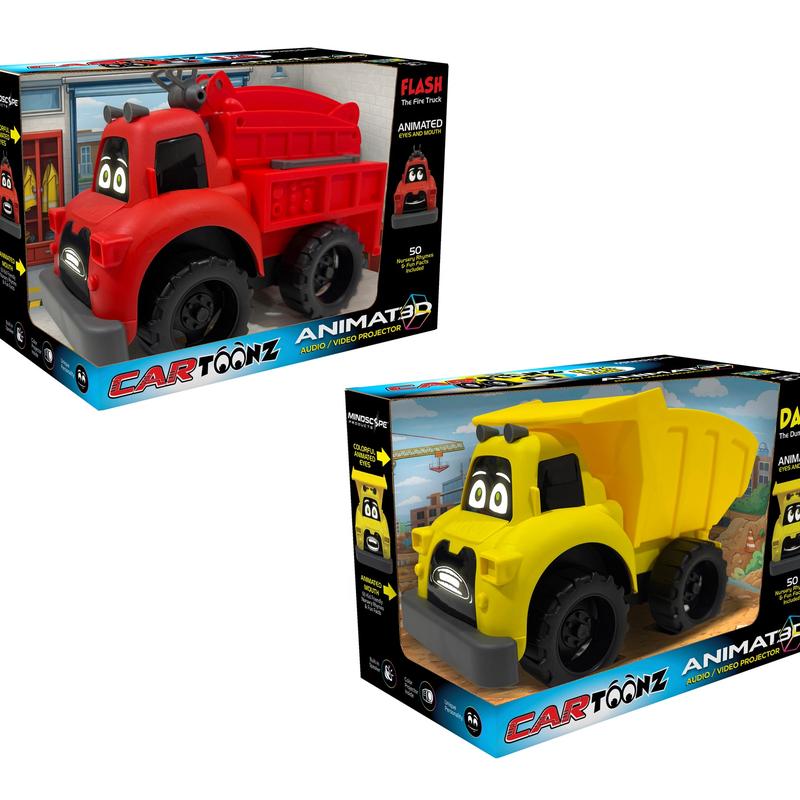 Set of 2 Interactive Toy Trucks with Projector Screen Faces - Fire, Trash, and Dump Truck Styles