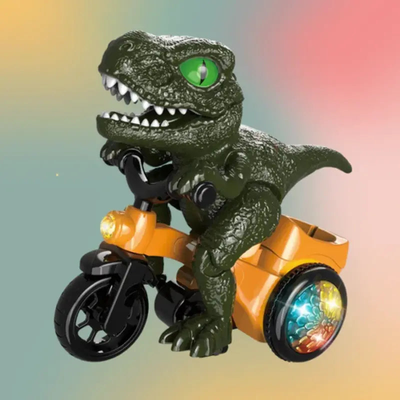 Green dinosaur riding a yellow tricycle with bright colorful rear wheels