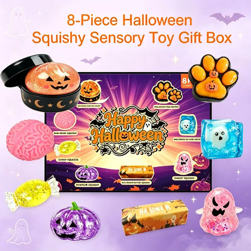 8-Piece Halloween Squishy Gift Box, Malt Sugar Stress Relief Fidget Toys, Sensory Toy Bundle