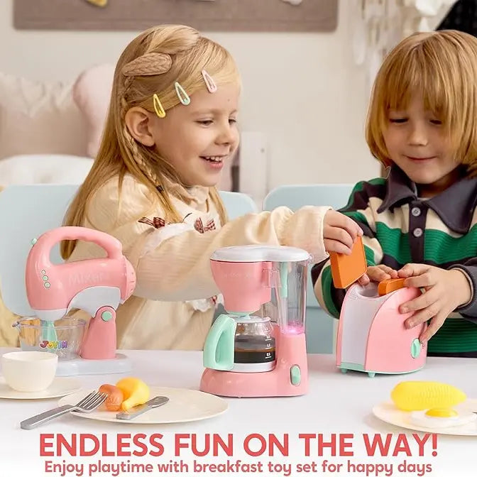 Pretend Kitchen Toy Set with Coffee Maker, Mixer, Toaster, Realistic Lights & Sounds