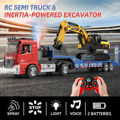 Unisex RC Semi Truck & Excavator Toy Kit, 6-Channel 2.4GHz Flatbed Trailer Set