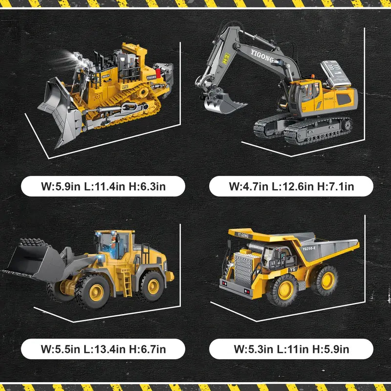 4-Pcs Remote Control Construction Vehicle Set - Metal Excavator, Loader, Dump Truck, Bulldozer