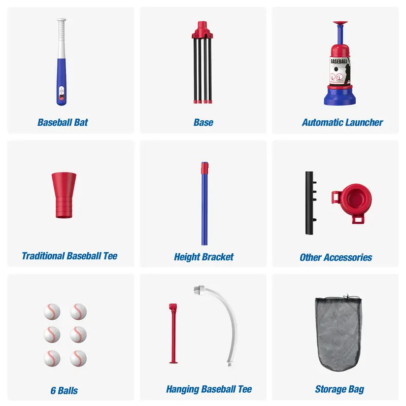 3-in-1 Multi-Use Kids' Baseball Set with Bat, Standing Tee, and Ball Launcher
