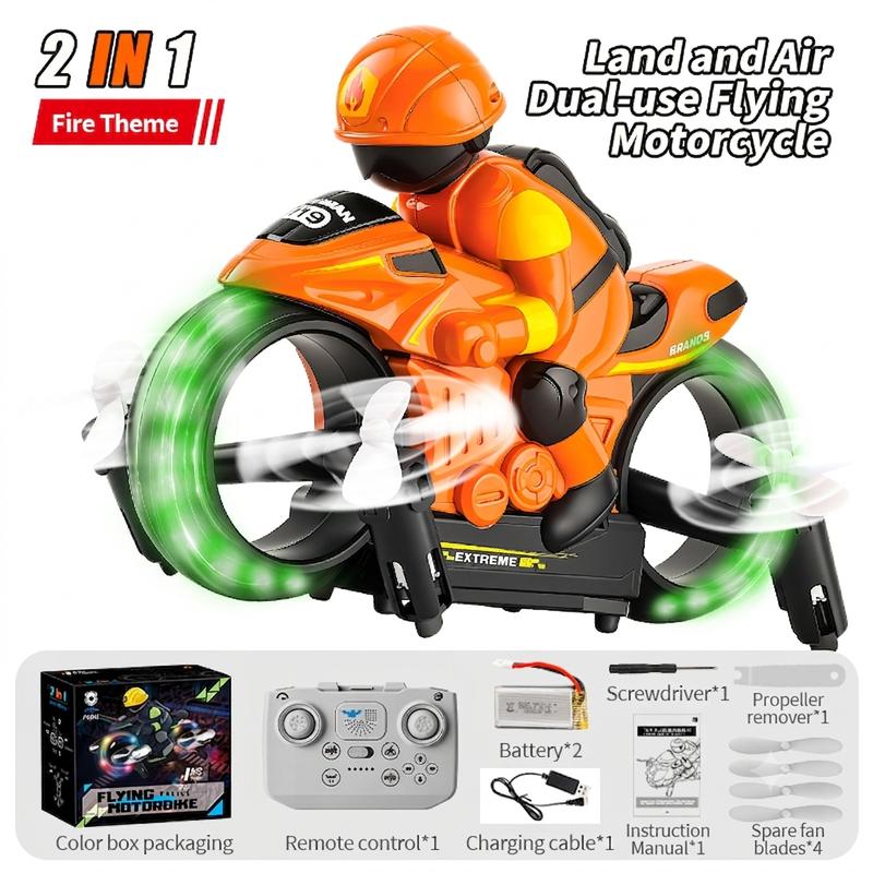 2-in-1 RC Flying Motorcycle Drone with 360° Stunts, LED Lights and Dual Mode