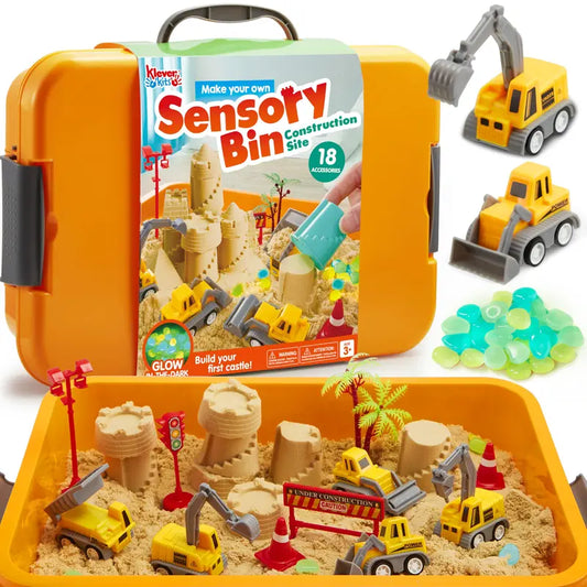 Construction Sensory Bin for Toddlers with Glow in The Dark Stones, Sandbox with Lid Castle Building Kit
