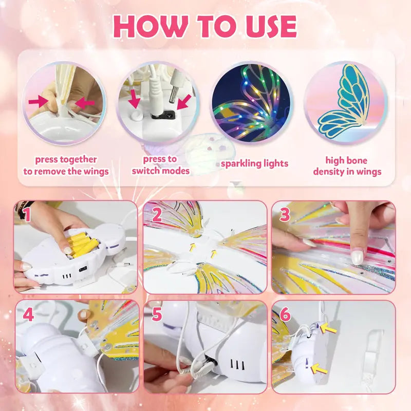 Glowing Fairy Wings for Girls Pretend Play Dress-up, Butterfly Wings for Kids Ages 3+