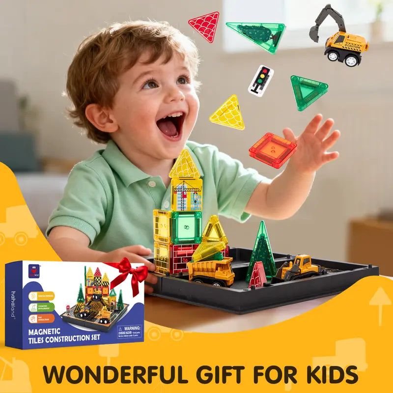 38 PCS Magnetic Tiles Road Toppers Set with Cars for Kids Ages 3-7, STEM Building Toys