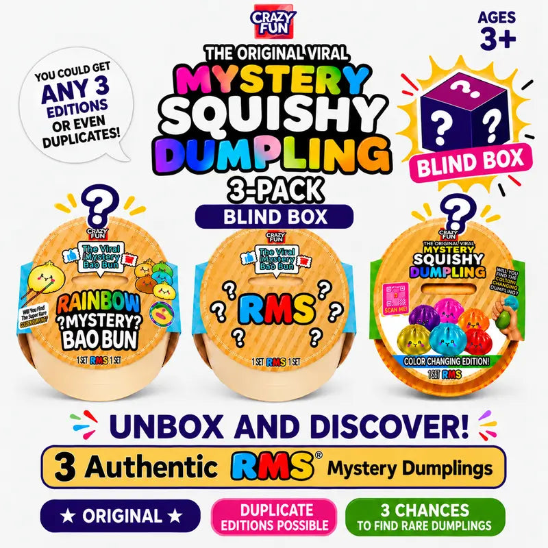 Mystery Dumpling Squeeze Toy 3-Pack – 3 Sealed Mystery Squishies, Random Fun Editions