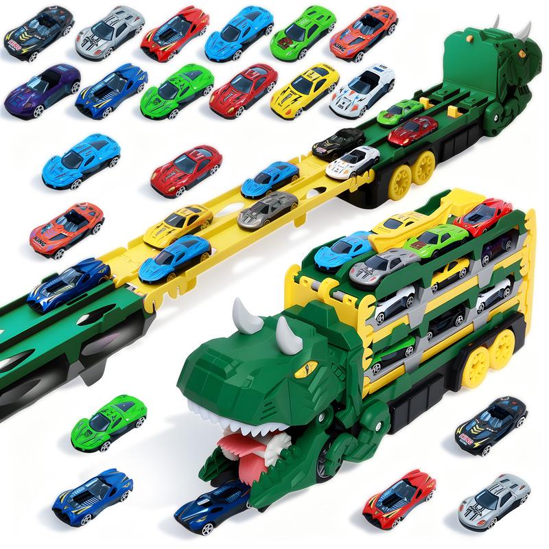 Dinosaur Transport Truck Toy for Toddlers with 12 Die-Cast Cars, 2-in-1 Transforming Dino Vehicle