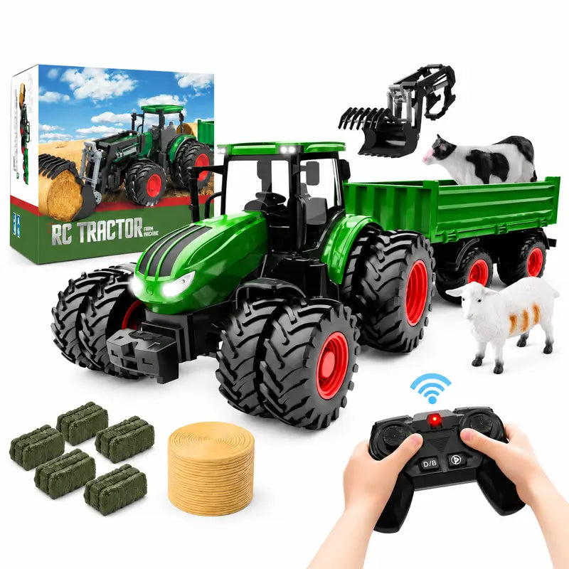 RC Farm Tractor Toy with Trailer, 2.4GHz Remote Control Vehicle Set with LED Lights
