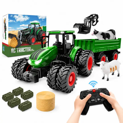 RC Farm Tractor Toy with Trailer, 2.4GHz Remote Control Vehicle Set with LED Lights