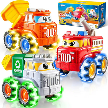 3 Pack Monster Truck Toys with Flashing LED Light Up Wheels, Construction Vehicle Set for Kids Ages 3-7