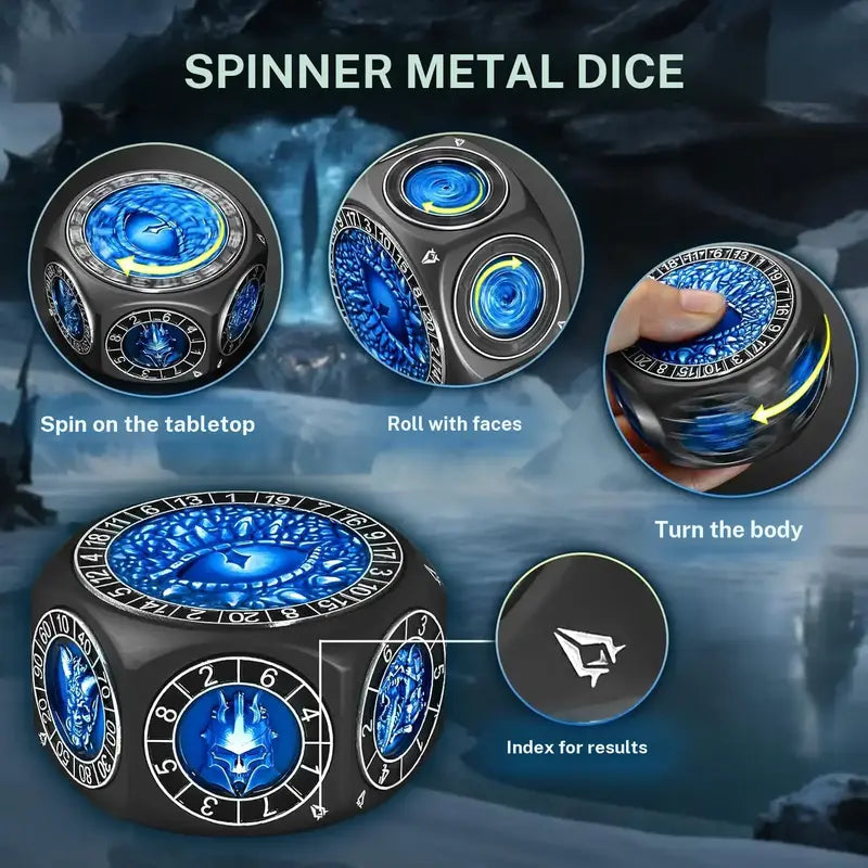 8-in-1 Heavyweight Metal Spinner Dice Set, 60mm Polyhedral Dice with 3D Monster Engravings