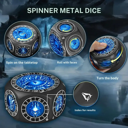 8-in-1 Heavyweight Metal Spinner Dice Set, 60mm Polyhedral Dice with 3D Monster Engravings