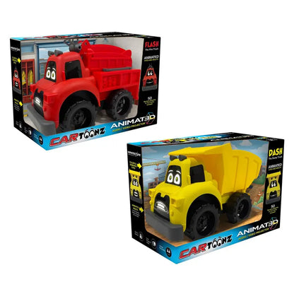 Set of 2 Interactive Toy Trucks with Projector Screen Faces - Fire, Trash, and Dump Truck Styles