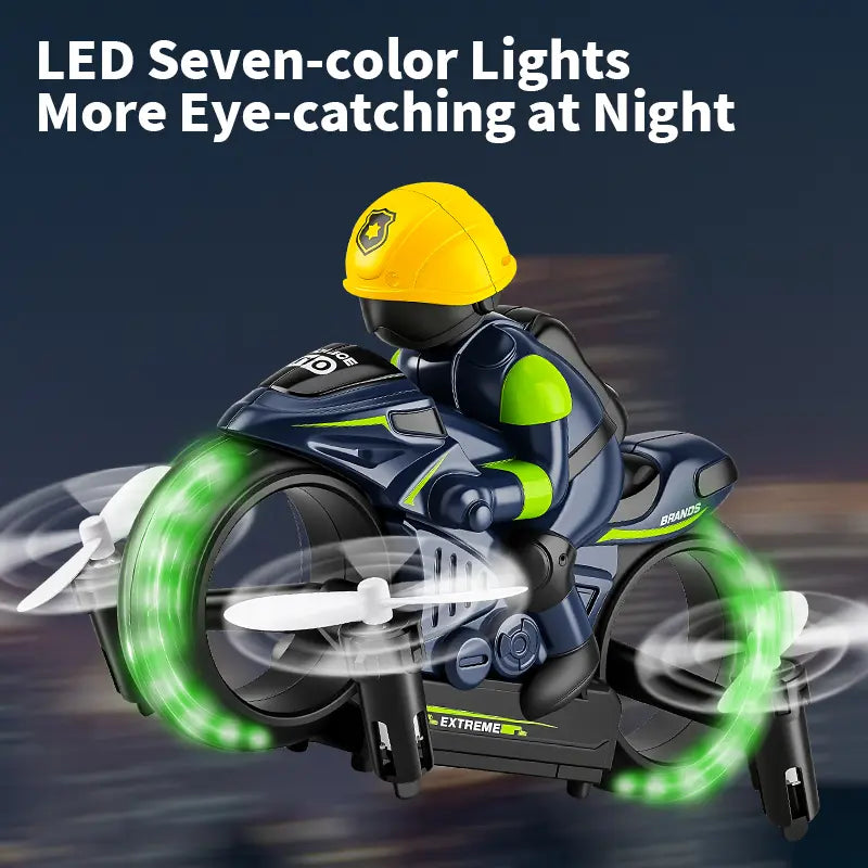 2-in-1 RC Flying Motorcycle Drone with 360° Stunts, LED Lights and Dual Mode