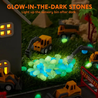 Construction Sensory Bin for Toddlers with Glow in The Dark Stones, Sandbox with Lid Castle Building Kit