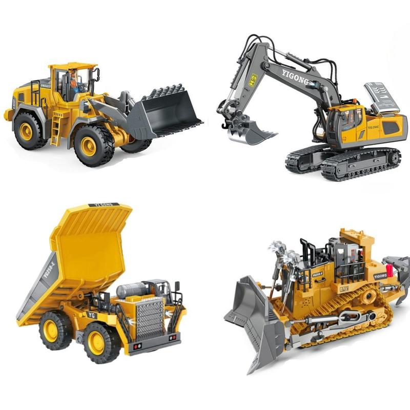 4-Pcs Remote Control Construction Vehicle Set - Metal Excavator, Loader, Dump Truck, Bulldozer