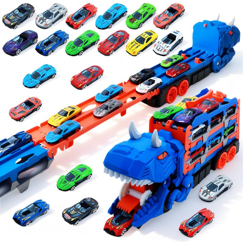 Dinosaur Transport Truck Toy for Toddlers with 12 Die-Cast Cars, 2-in-1 Transforming Dino Vehicle