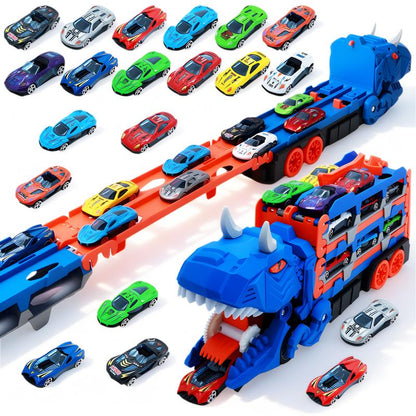 Dinosaur Transport Truck Toy for Toddlers with 12 Die-Cast Cars, 2-in-1 Transforming Dino Vehicle