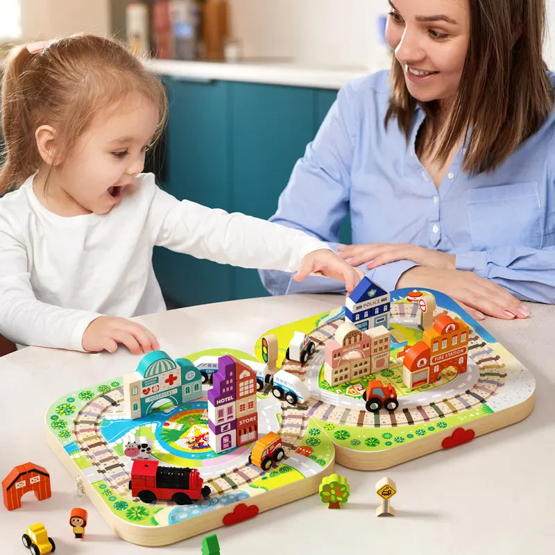 Wooden Track City Blocks Set with Magnetic Trains and Geometric Building Kits for Kids