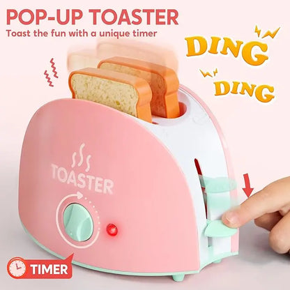 Pretend Kitchen Toy Set with Coffee Maker, Mixer, Toaster, Realistic Lights & Sounds