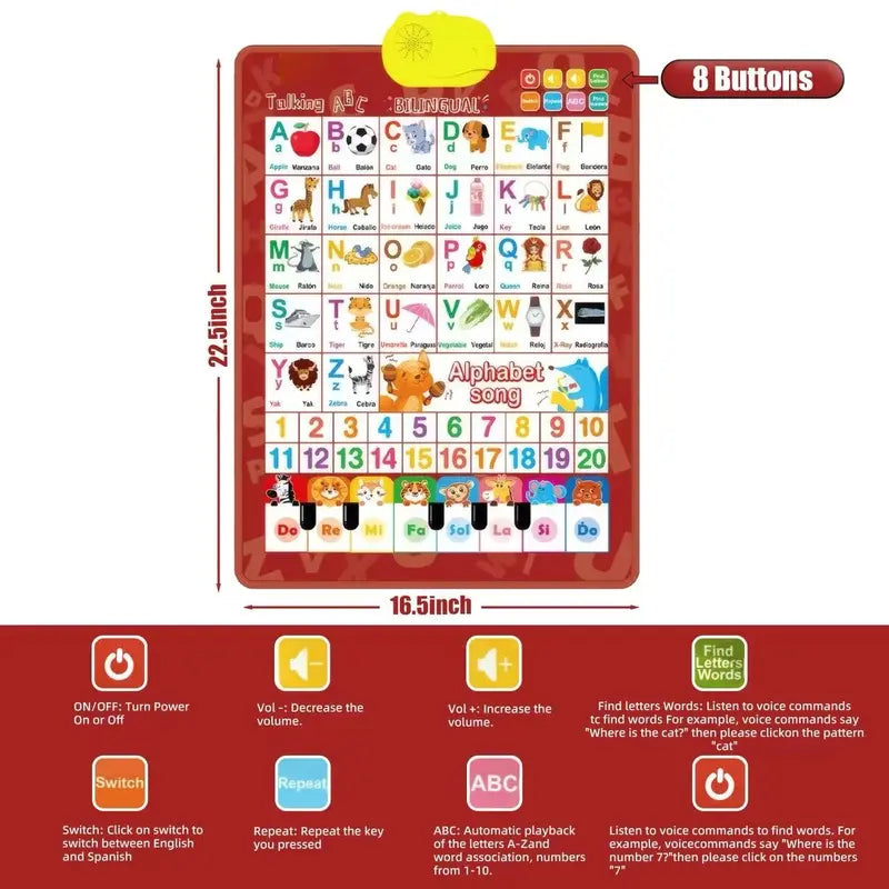 Bilingual English-Spanish Interactive Talking ABC & Number Chart Poster for Toddlers