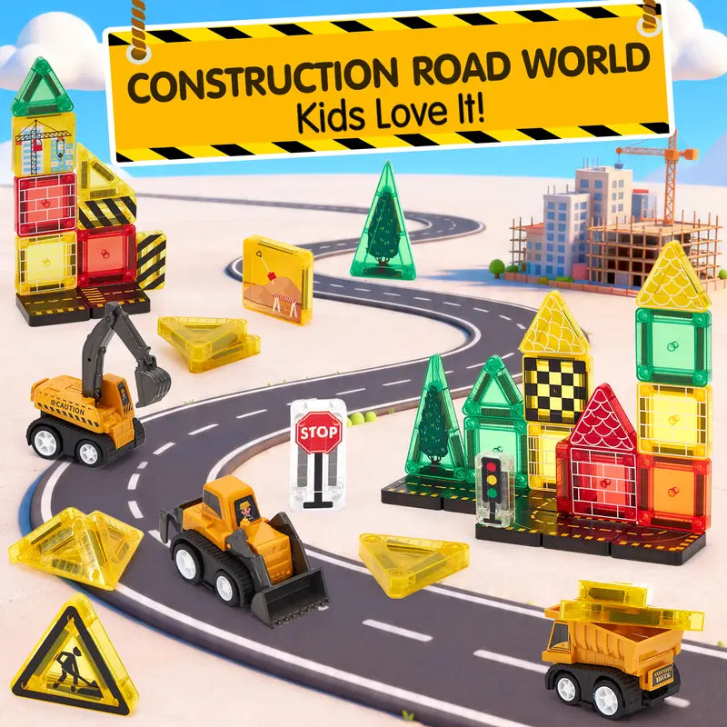 38 PCS Magnetic Tiles Road Toppers Set with Cars for Kids Ages 3-7, STEM Building Toys