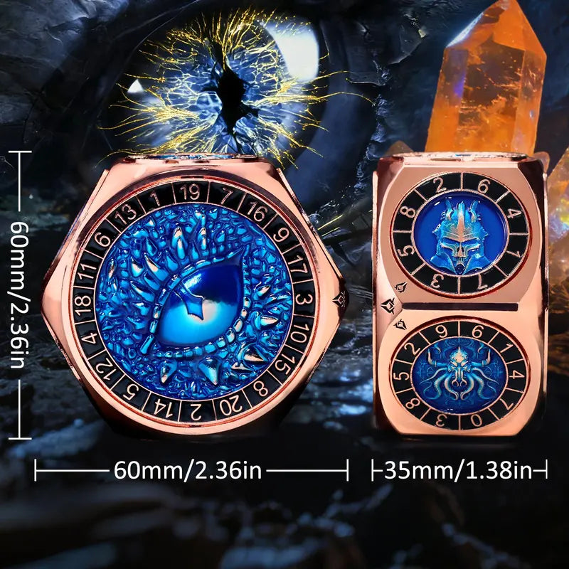 8-in-1 Heavyweight Metal Spinner Dice Set, 60mm Polyhedral Dice with 3D Monster Engravings