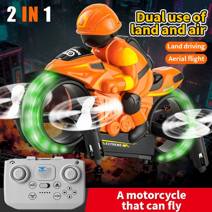 2-in-1 RC Flying Motorcycle Drone with 360° Stunts, LED Lights and Dual Mode