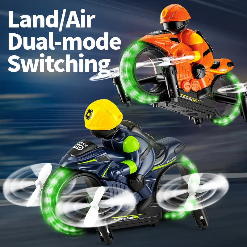 2-in-1 RC Flying Motorcycle Drone with 360° Stunts, LED Lights and Dual Mode