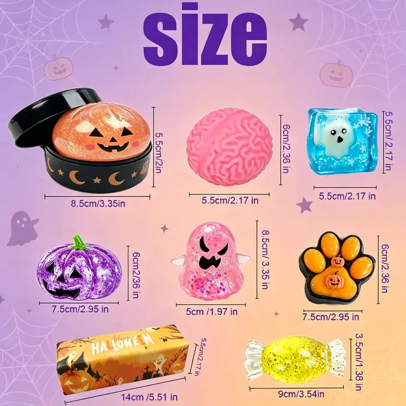 8-Piece Halloween Squishy Gift Box, Malt Sugar Stress Relief Fidget Toys, Sensory Toy Bundle