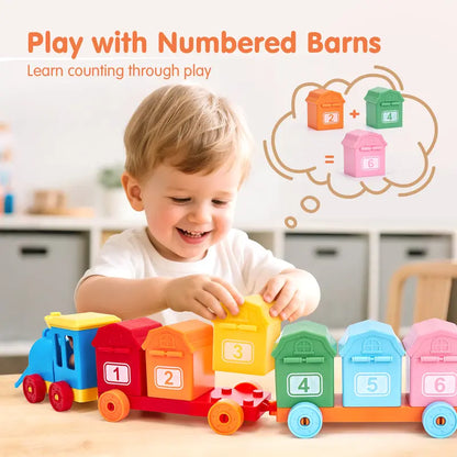 Montessori BPA-Free Farm Train Multi-Activity Playset with Animal Finger Puppets and Magnetic Blocks