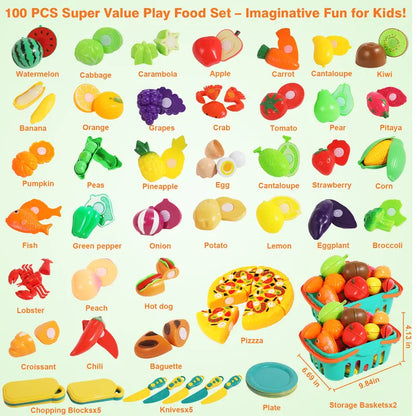 Unisex BPA-Free ABS Plastic Toddler Kitchen & Food Toys, 100-Pcs Nontoxic Fruit & Vegetable Cutting Set