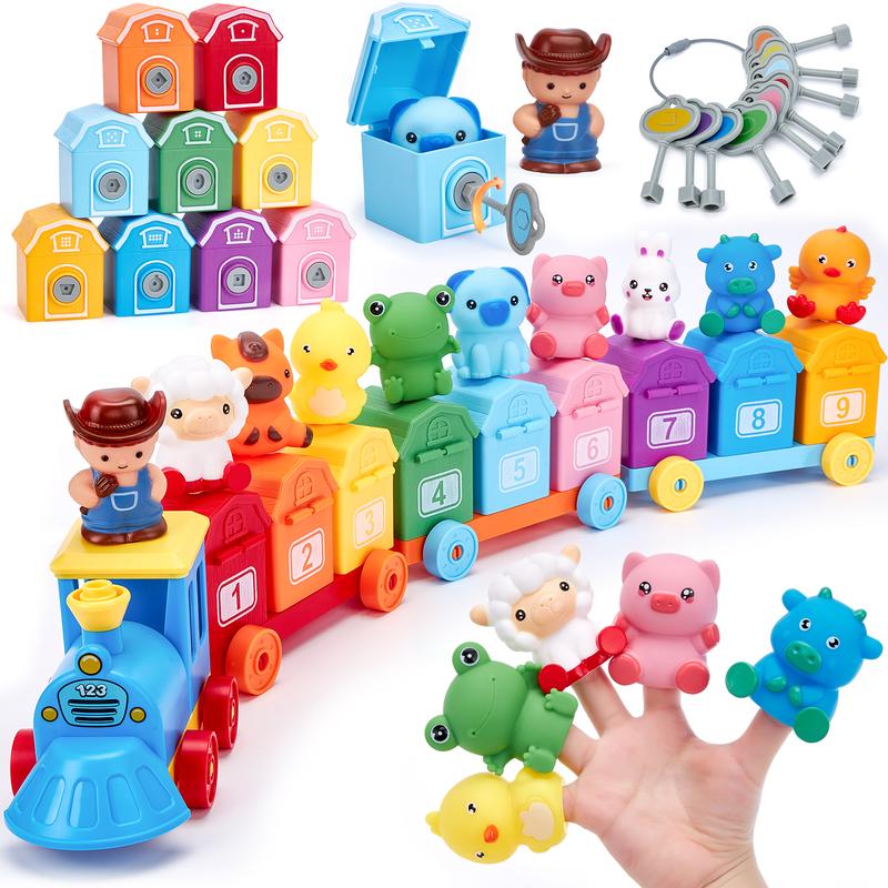 Montessori BPA-Free Farm Train Multi-Activity Playset with Animal Finger Puppets and Magnetic Blocks