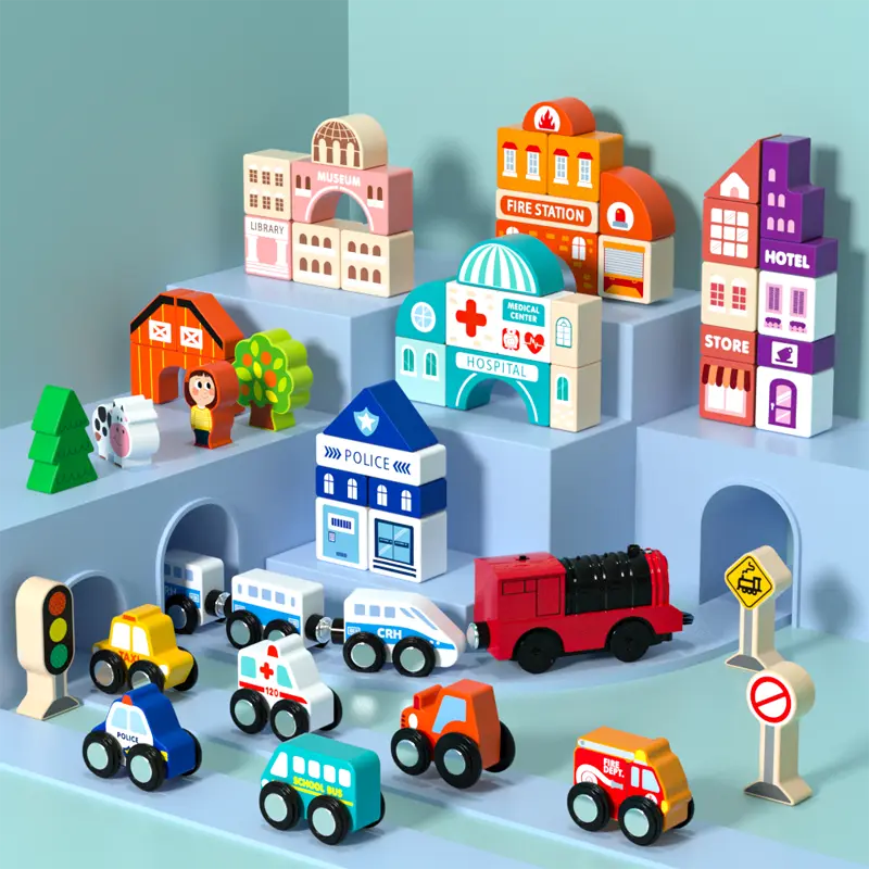 Wooden Track City Blocks Set with Magnetic Trains and Geometric Building Kits for Kids