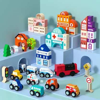 Wooden Track City Blocks Set with Magnetic Trains and Geometric Building Kits for Kids