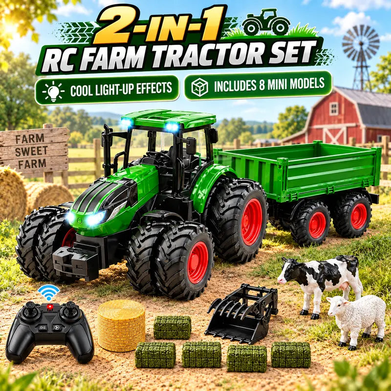 RC Farm Tractor Toy with Trailer, 2.4GHz Remote Control Vehicle Set with LED Lights