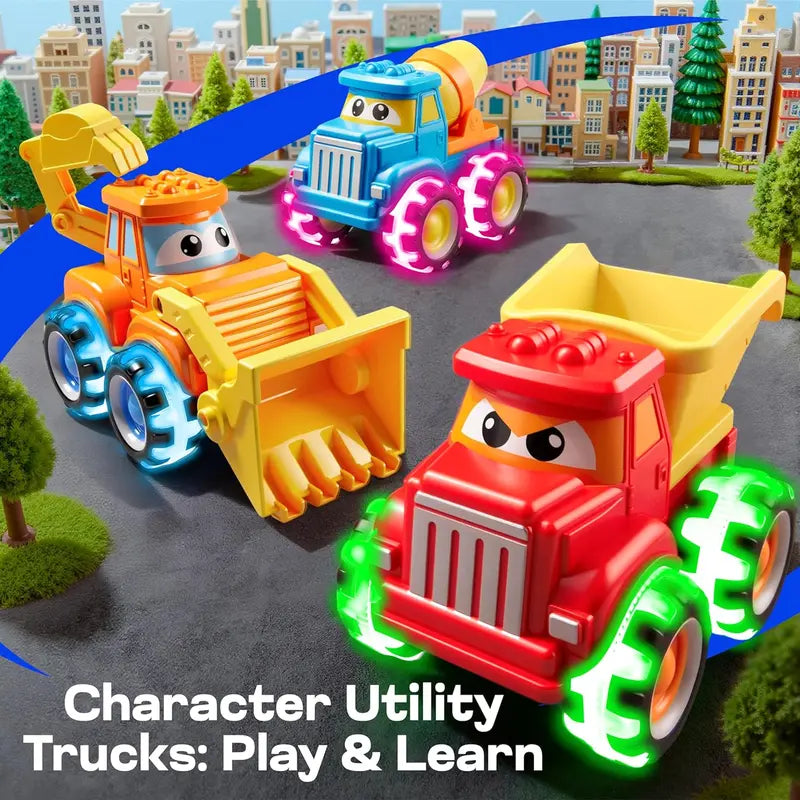 3 Pack Monster Truck Toys with Flashing LED Light Up Wheels, Construction Vehicle Set for Kids Ages 3-7