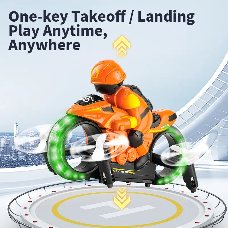 2-in-1 RC Flying Motorcycle Drone with 360° Stunts, LED Lights and Dual Mode