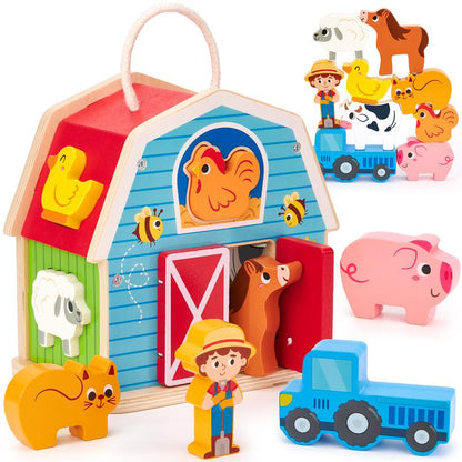 Surprise Barn Playset with Stuffed Farm Animals & Real Sounds - Montessori Sensory Toy for Toddlers