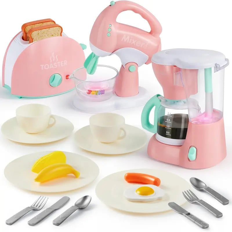 Pretend Kitchen Toy Set with Coffee Maker, Mixer, Toaster, Realistic Lights & Sounds