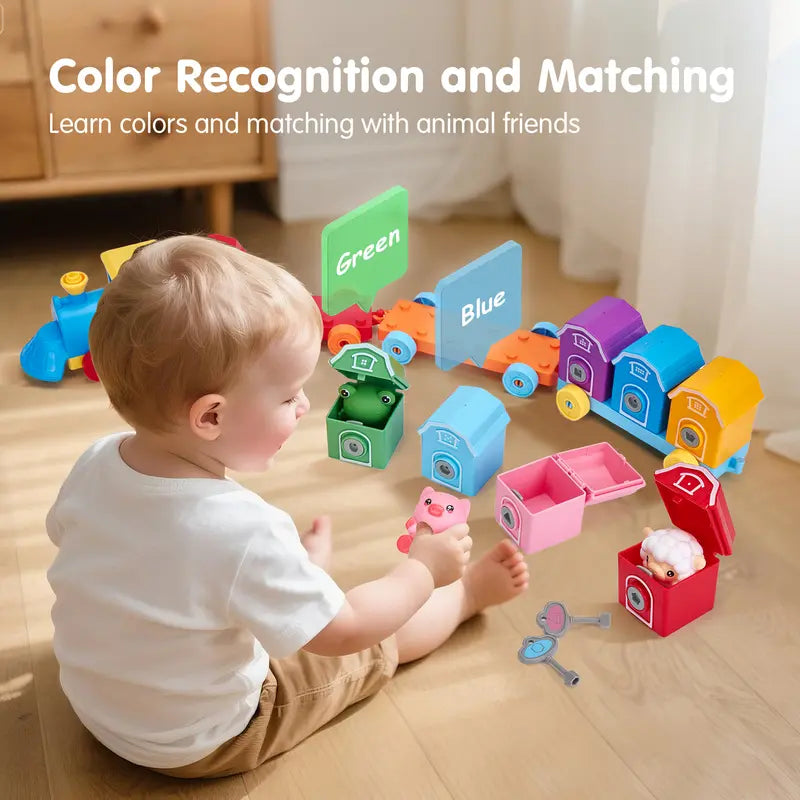 Montessori BPA-Free Farm Train Multi-Activity Playset with Animal Finger Puppets and Magnetic Blocks