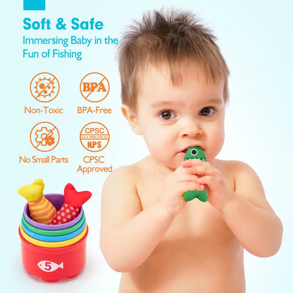 10-in-1 Toddler Fishing Set with Stacking Cups and Ocean Mat - 22 Pcs Montessori Toys