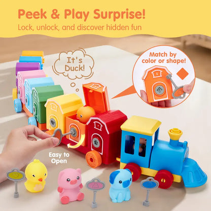 Montessori BPA-Free Farm Train Multi-Activity Playset with Animal Finger Puppets and Magnetic Blocks