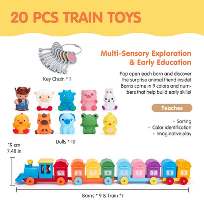 Montessori BPA-Free Farm Train Multi-Activity Playset with Animal Finger Puppets and Magnetic Blocks