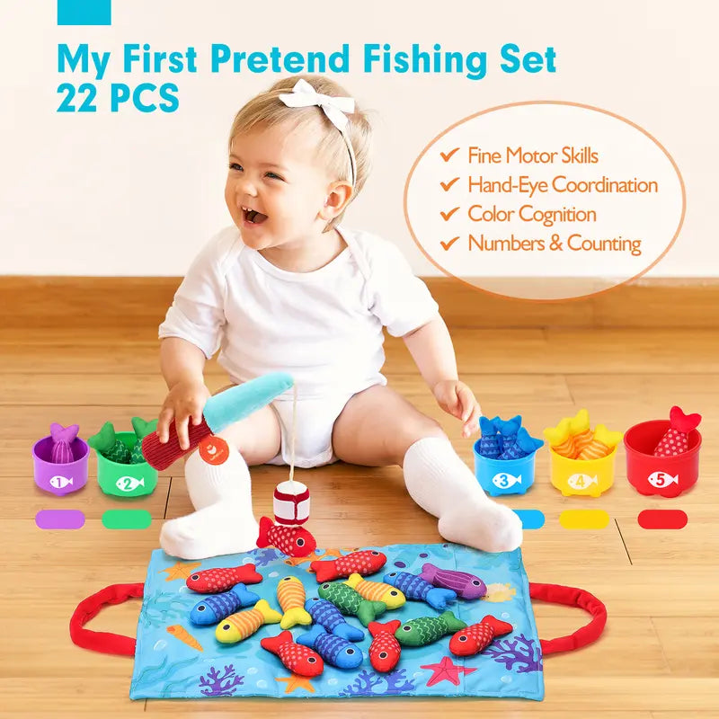 10-in-1 Toddler Fishing Set with Stacking Cups and Ocean Mat - 22 Pcs Montessori Toys